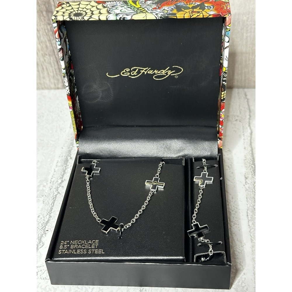 Ed Hardy‎ Cross Necklace & Bracelet Set NIB Stainless Steel Y2K